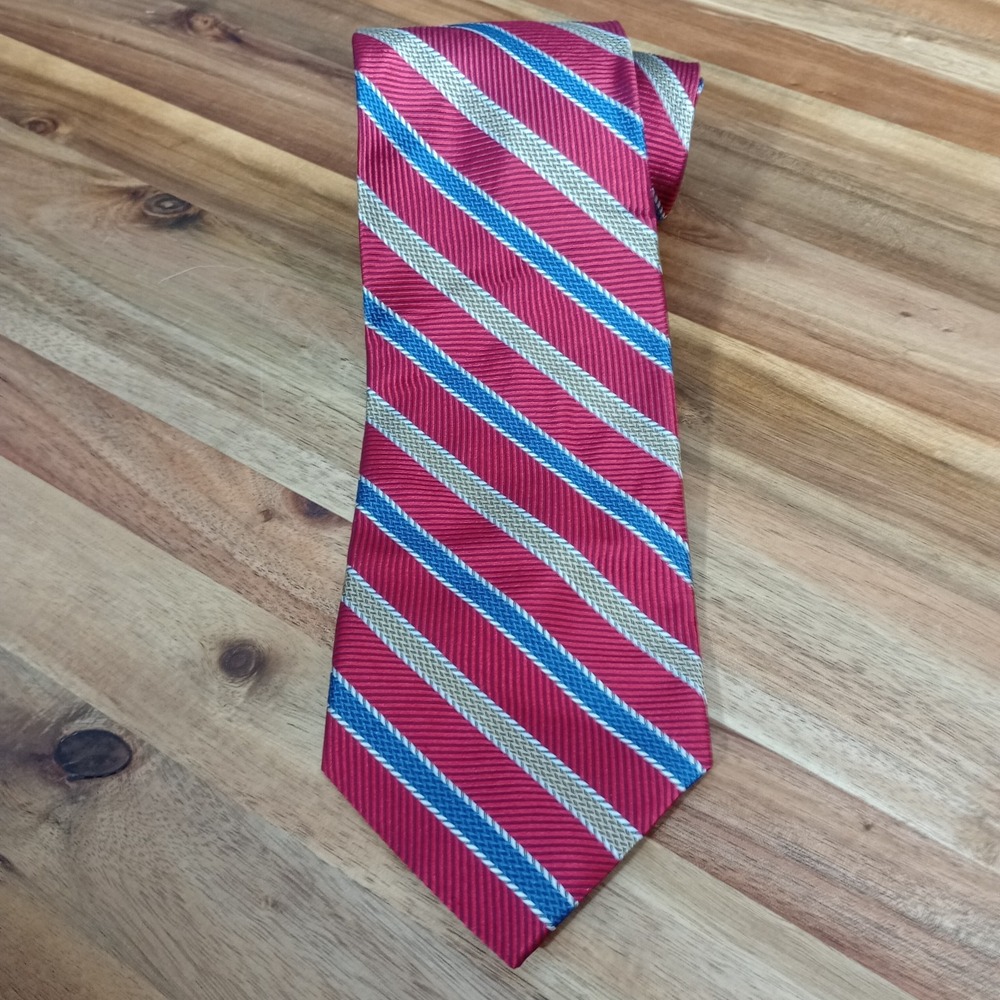 Jos A Bank Tie Necktie Repp 100% Silk Italy Made Red Blue Beige Striped Classic‎